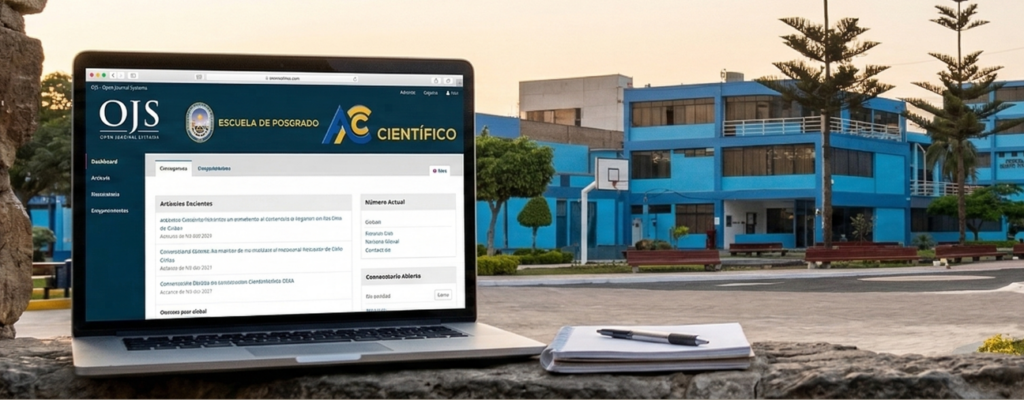 Fotografia profissional do campus da UNAC no Peru durante o fim de tarde. Em primeiro plano, sobre uma mureta de pedra, um notebook exibe a interface OJS com a logomarca da revista Acceso Científico da Escuela de Posgrado.