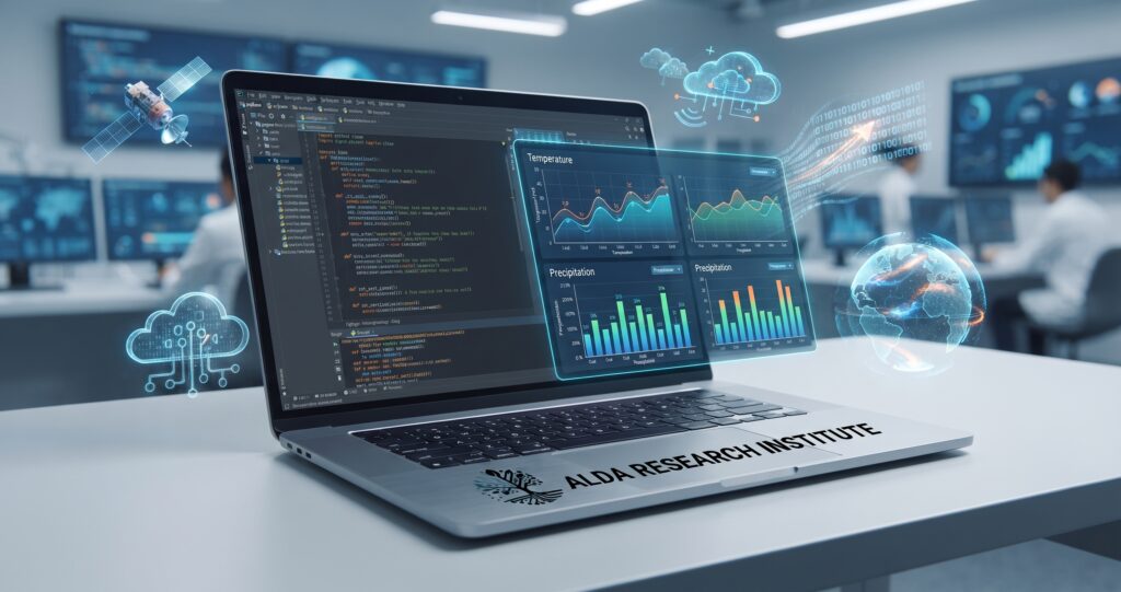 Notebook aberto sobre mesa em escritório tecnológico exibindo linhas de código em Python e gráficos de temperatura e precipitação, com a logomarca do ALDA Research Institute ao lado do touchpad.
