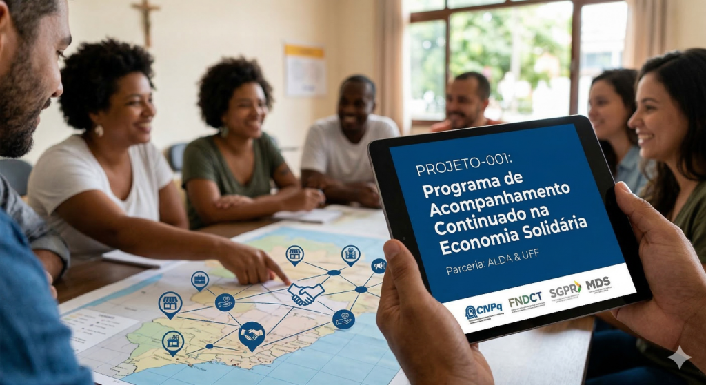 Grupo de pessoas em uma reunião de planejamento social, com um mapa sobre a mesa e um tablet exibindo o título 'PROJETO-001: Programa de Acompanhamento Continuado na Economia Solidária - Parceria ALDA & UFF', com logotipos do CNPq, FNDCT e MDS