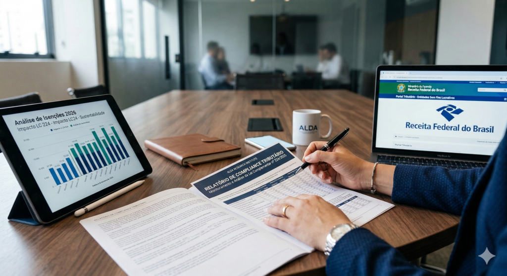 Fotografia focada nas mãos de uma profissional analisando um relatório de compliance tributário impresso da ALDA Research Institute. Sobre a mesa, um tablet exibe gráficos financeiros e um notebook mostra o site da Receita Federal.