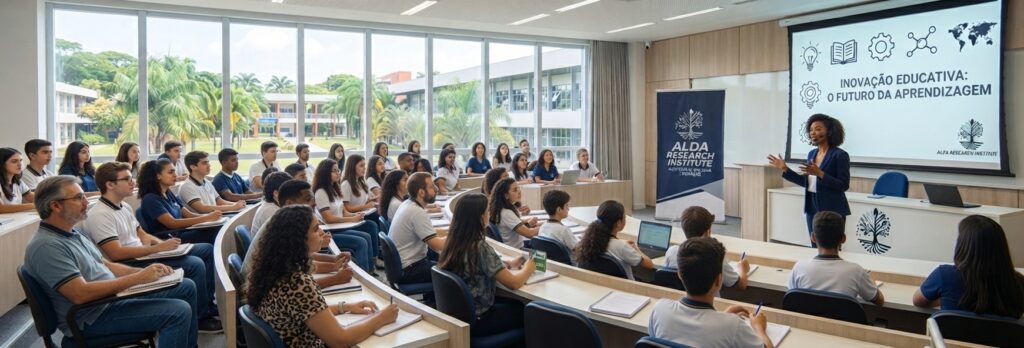 Palestra educativa realizada pelo ALDA Research Institute com público diversificado em espaço coletivo.