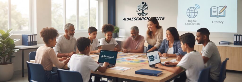 Educadora do ALDA Research Institute em roda de conversa pedagógica com pais e alunos em sala de aula.